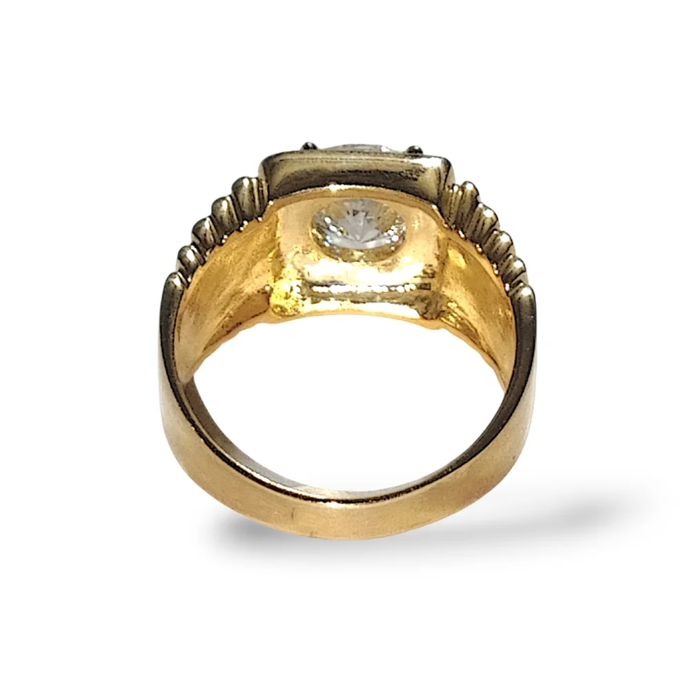 Bold Gold-Tone Ribbed Ring with Clear CZ Stone | Size 13.5 | NWOT